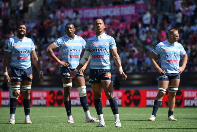 Gaël Fickou (lead) with Racing 92 players, their match against France's Stade, at the Stade Jean-Bouin, Paris June 3rd 2023.
