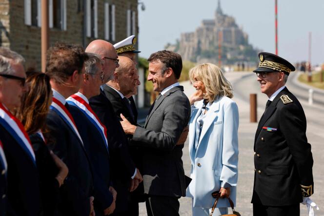President Emmanuel Macron and First Lady Brigitte Macron arrive in Mont-Saint-Michel on June 5, 2023.