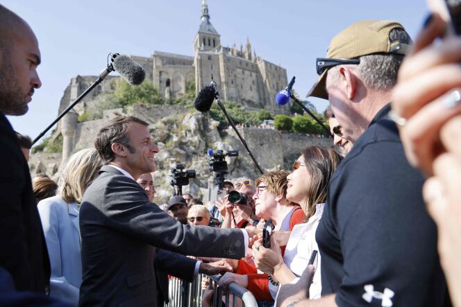 Emmanuel Macron, on his arrival at Mont-Saint-Michel (Manche), June 5, 2023. 