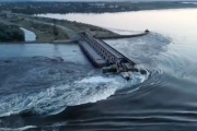 A screenshot of a video of the Kakhovka dam (southern Ukraine) posted on Twitter by Ukrainian President Volodymyr Zelensky on June 6, 2023.