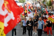 CGT unionists participate in a demonstration against the pension reform in Ajaccio, Corsica, on June 6, 2023.  