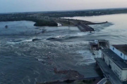 The dam of Ukraine's Nova Kakhovka power plant on  June 6, 2023.
