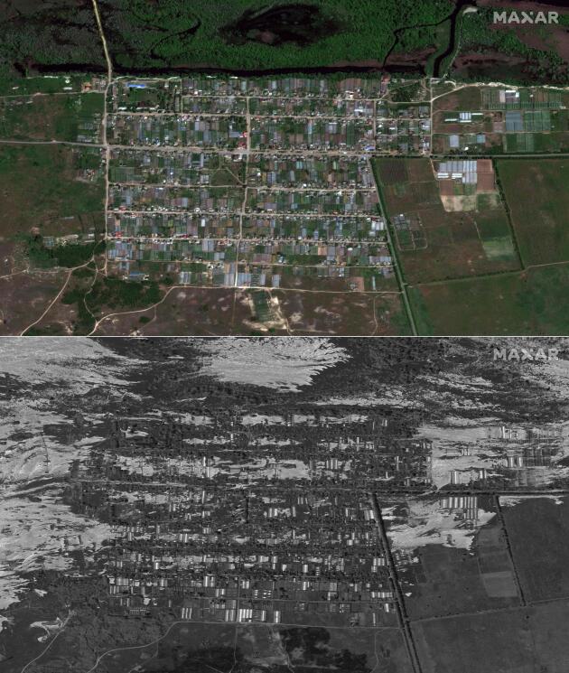 Este montaje de fotos satelitales publicadas por Maxar Technologies muestra el pueblo de Korsunka el 15 de mayo de 2023 (arriba) y el 6 de junio de 2023 (abajo) después de la destrucción de la represa.