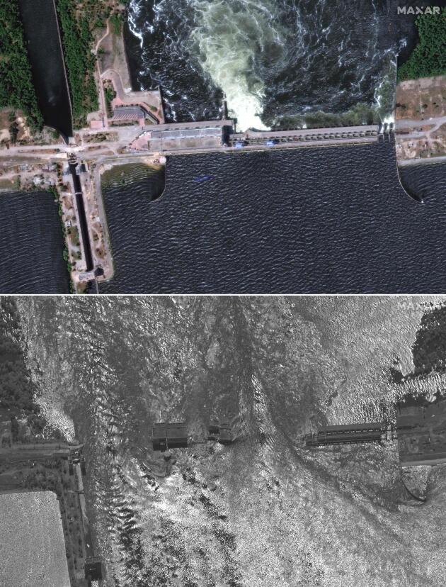 Este montaje de fotos satelitales publicadas por Maxar Technologies muestra la central hidroeléctrica de Kakhovka el 5 de junio de 2023 (arriba) y el 6 de junio de 2023 (abajo) después de la destrucción de la represa. 