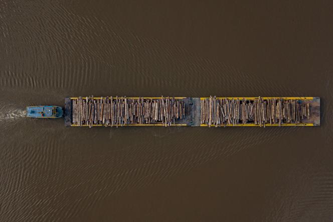 Troncos de madera en una barcaza a lo largo del río Buissu en el municipio de Melgaco, estado de Pará (Brasil), 30 de julio de 2020.