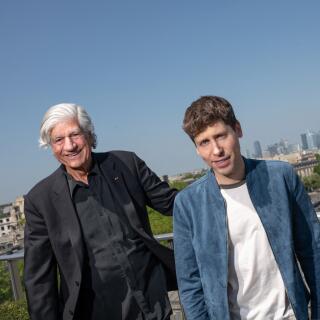 OpenAI co-founder Sam Altman and Maurice Levy pictured at Publicis headquarters in Paris, France on May 26, 2023. Photo by Khanh Renaud/ABACAPRESS.COM