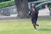 Screenshot of a video showing the suspect fleeing after the attack in Annecy, France, on June 8, 2023. (Photo by AFPTV / AFP).
