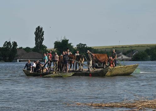 Des militaires ukrainiens évacuent les habitants et le bétail du village inondé d’Afanasiyivka, dans la région de Mykolaïv, le 9 juin 2023. La crue de la rivière Ingulets fait suite aux dégâts subis par le barrage de la centrale hydroélectrique de Kakhovka, à Chornobaivka, dans la région de Kherson.