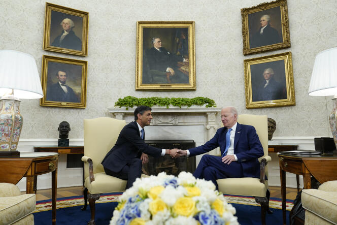 Le président américain, Joe Biden, rencontre le premier ministre britannique, Rishi Sunak, à la Maison Blanche, à Washington, le 8 juin 2023.