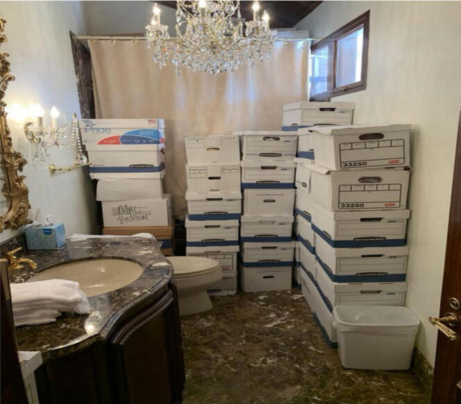 An undated image, released by the South Florida court, shows archival boxes believed to contain confidential documents in a bathroom at Donald Trump's Mar-a-Lago residence in Palm Beach, Florida.