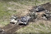 An image taken from a video posted by a military blogger shows tanks destroyed by the Russian army on June 9, 2023.