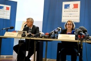 French Prosecutor Line Bonnet and Judicial Police Director Damien Delaby hold a press conference in Annecy on June 10, 2023 following a mass stabbing.