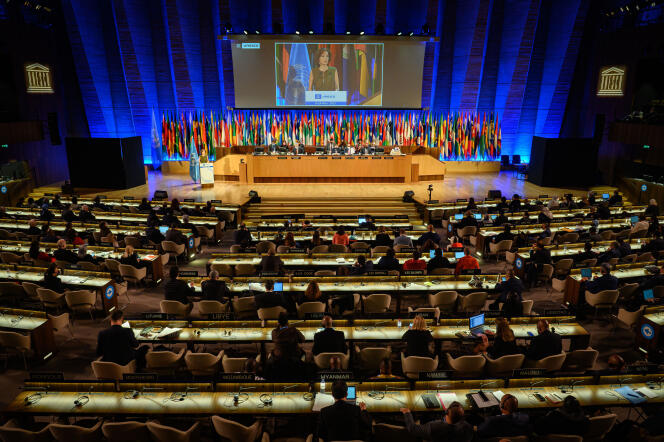 UNESCO Director-General Audrey Azoulay during a General Assembly in Paris on November 9, 2021.