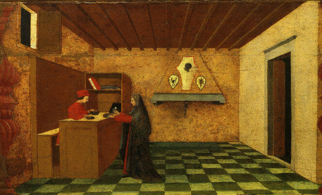 A woman hands bread to a Jew.  “The Miracle of the Host” (1467-1469), by Paolo Uccello. 