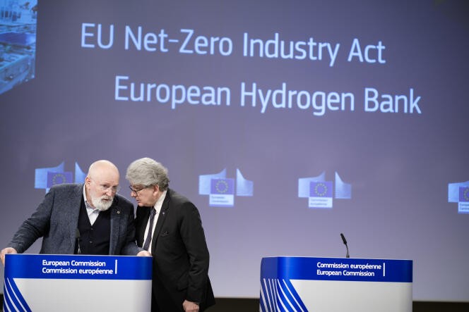Vice President of the European Commission Frans Timmermans and Commissioner for the Internal Market Thierry Breton on March 16, 2023, in Brussels.