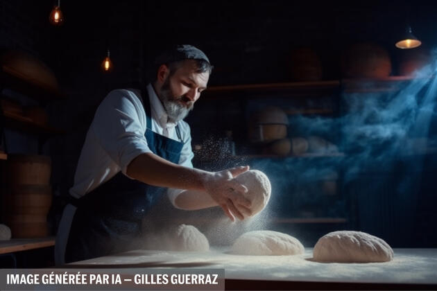 Cette image a été générée par Midjourney avec la consigne suivante : « Realistic portrait of a baker kneading bread in his workshop, with flour particles floating in the air, neon lighting, shot on DSLR camera --ar 3:2 --v 5 »