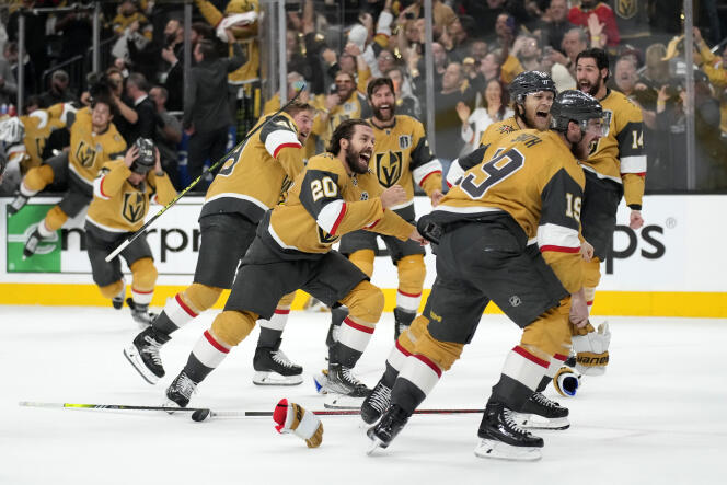 Las Vegas Golden Knights players celebrate their victory over the Florida Panthers in Las Vegas on June 13, 2023.