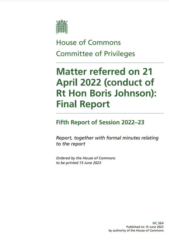 Titelbild des Berichts des Parlamentarischen Ausschusses für Privilegien des Unterhauses, 15. Juni 2023.