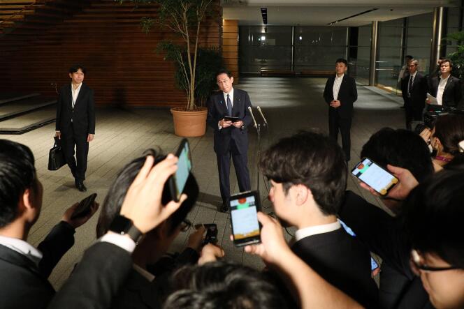 Fumio Kishida speaks to reporters about the North Korean missile launch at the Prime Minister's Residence in Tokyo on June 15, 2023.