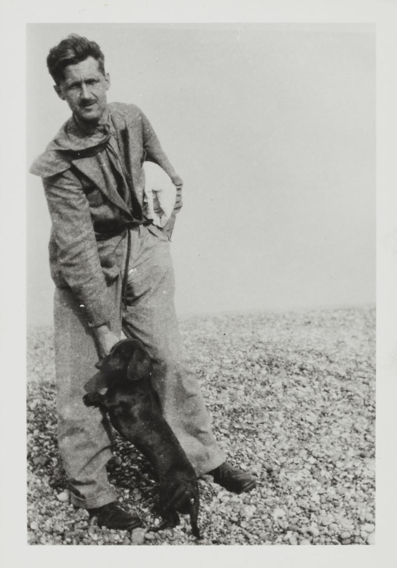 George Orwell et son chien, à Walberswick Beach, située sur la côte de la mer du Nord.