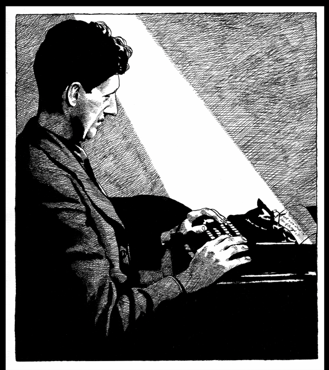 George Orwell trabajando en su máquina de escribir en Canonbury, dibujado por Frederic Pajak.