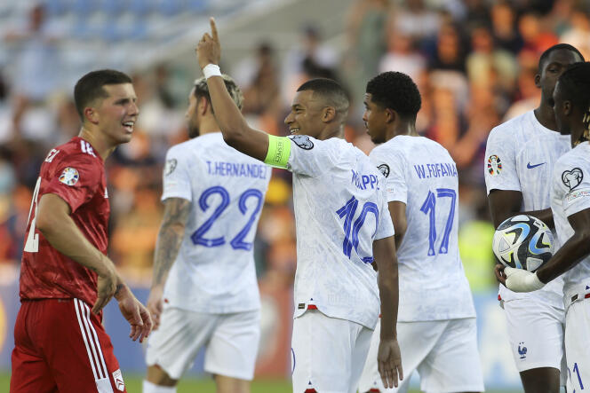 Kylian Mbappé celebrates his penalty against Gibraltar, in Faro, Portugal, Friday June 16, 2023. 