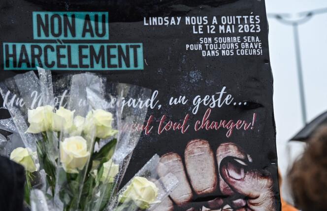 Rosas blancas y un cartel con el mensaje “No al acoso” durante la marcha blanca organizada en memoria de Lindsay, en Vendin-le-Vieil, el 18 de junio de 2023. 