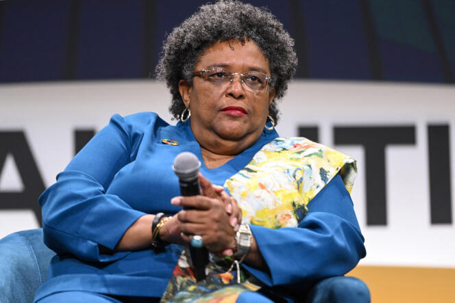 Barbados Prime Minister Mia Mottley at the Global Citizen Now summit, April 27, 2023, in New York City.