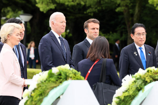 European Commission President Ursula von der Leyen, US President Joe Biden, France's President Emmanuel Macron and Japan's Prime Minister Fumio Kishida at the G7 Leaders' Summit in Hiroshima on May 19, 2023.