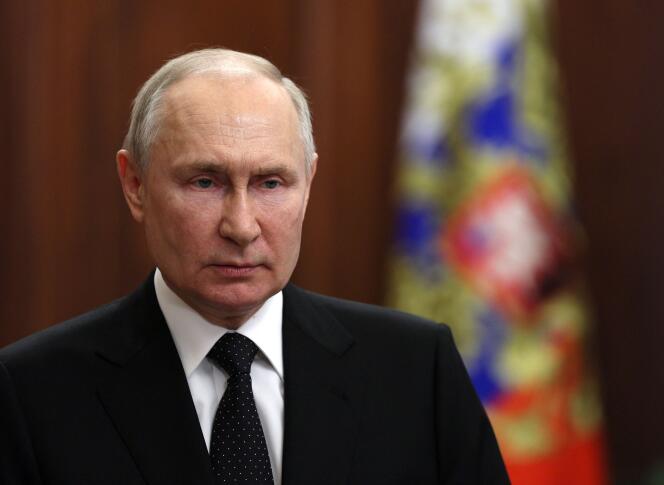 Vladimir Putin, durante su discurso retransmitido por televisión, tras la insurrección iniciada por Prigojine y el grupo Wagner, en Moscú, el 24 de junio de 2023.