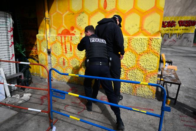 Un oficial de policía de la unidad de campo especializada (BST 14) revisa a una persona, en Marsella, el 31 de marzo de 2023.