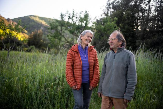 Marie and Yves Giraud, retired market gardeners who continue to work for the survival of the Tarassac onion, in their garden at Le Bousquet-d'Orb, southern France, May 14, 2023.