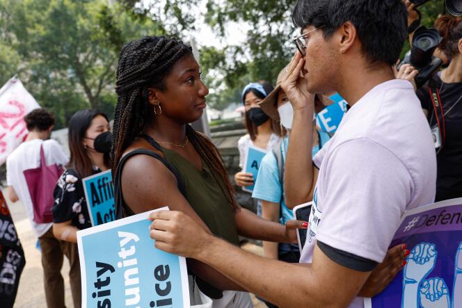 Harvard University students participate in an affirmative action protest near the Supreme Court building on June 29, 2023 in Washington.