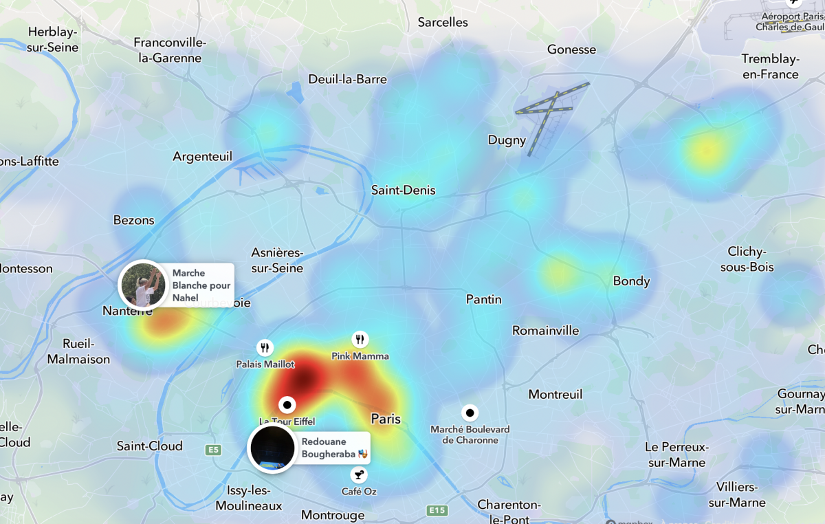 Capture d’écran de la « Snapmap », qui permet de visualiser les vidéos publiées en public selon leur origine géographique, le 30 juin 2023.