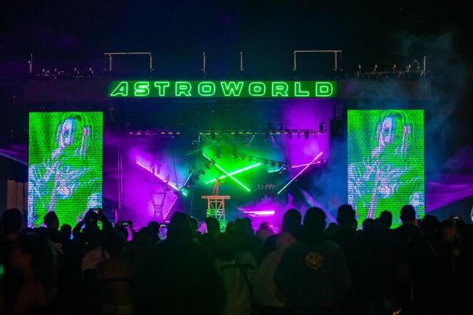 Travis Scott on stage at NRG Stadium for the Astroworld festival, in Houston, Texas on November 5, 2021.