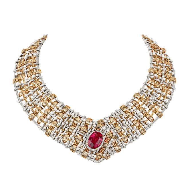 Collar Tweed d'Or, en oro, diamantes, perlas y espinelas, firmado Chanel.