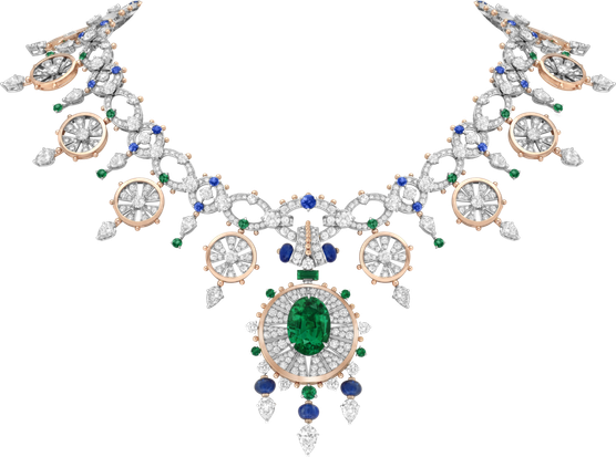 Plaza Divina de Van Cleef & Arpels. Collar con colgantes intercambiables. Oro blanco, oro rosa, oro amarillo, platino, una esmeralda ovalada de 13,09 quilates, un diamante DFL tipo 2A en forma de pera de 1,03 quilates, un diamante DFL tipo 2B en forma de pera de 1,03 quilates, esmeraldas, zafiros, diamantes.