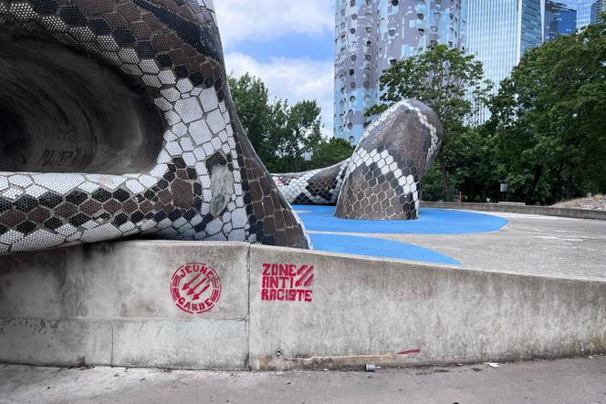 In the Pablo-Picasso district of Nanterre, where Nahel M. was killed during a police stop, on June 27, 2023. Inscriptions from anti-racist movements can be seen on a playground on July 5, 2023.