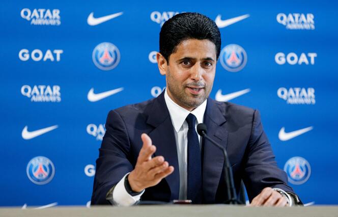 Nasser Al-Khelaïfi, au centre d’entraînement du PSG, à Poissy (Yvelines), le 5 juillet 2023. 