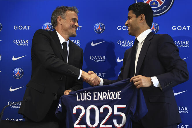 PSG's new manager, Luis Enrique, with its president Nasser Al-Khelaifi, on 5 July 2023.