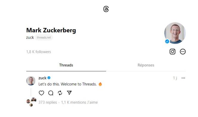 La page de Mark Zuckerberg sur Threads.