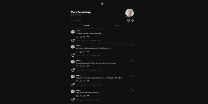 Le profil de Mark Zuckerberg sur Threads, le jeudi 6 juillet 2023, au lancement de la plate-forme.