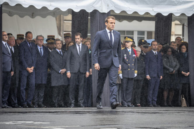 Emmanuel Macron, lors d’un hommage aux victimes de l’attentat contre la Préfecture de police de Paris du 3 octobre 2019. A Paris, le 8 octobre 2019.