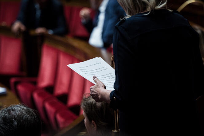 Marine Le Pen, la présidente du groupe RN, à l’Assemblée nationale, le 4 juillet.
