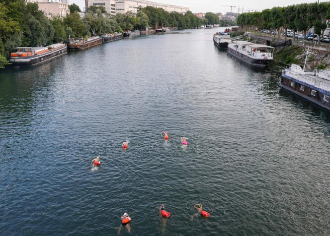 Un groupe de nageurs près de L’île-Saint-Denis, au nord de Paris, le 2 juillet 2023.