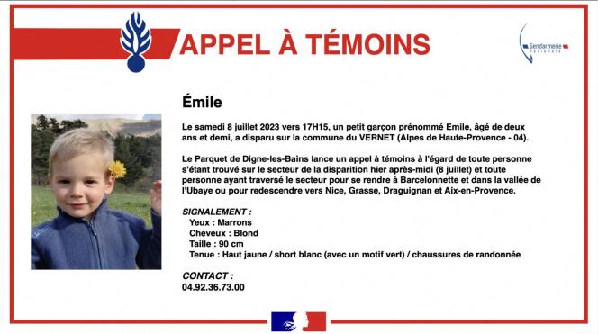 Appel à témoins lancé par la gendarmerie le 9 juillet 2023 pour retrouver Emile, 2 ans et demi. 