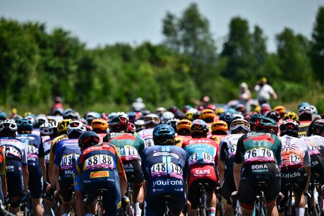 Le peloton de la 110e édition du Tour de France, lors de la 9e étape entre Saint-Léonard-de-Noblat (Haute-Vienne) et le Puy-de-Dôme, le 9 juillet 2023.