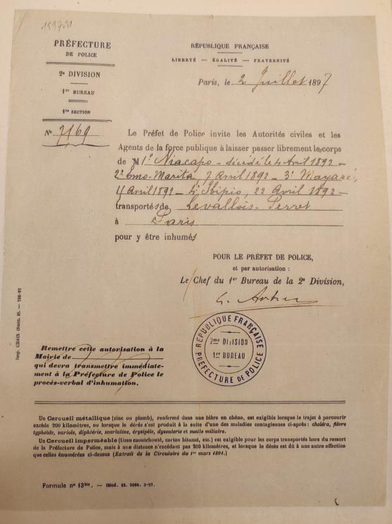 Le document par lequel le préfet de police autorise le transfert à la science de quatre Améridiens kaliña morts au Jardin d’acclimatation, en 1892.