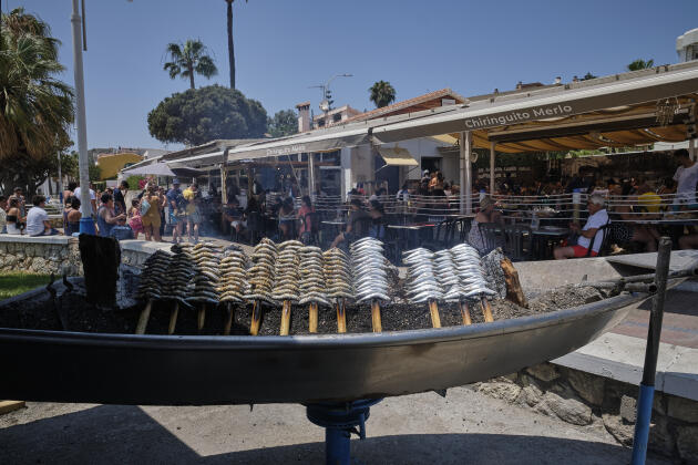 Un bateau de pêcheur sert à cuire les « espetos » de sardines à Malaga, le 30 juin 2023. 