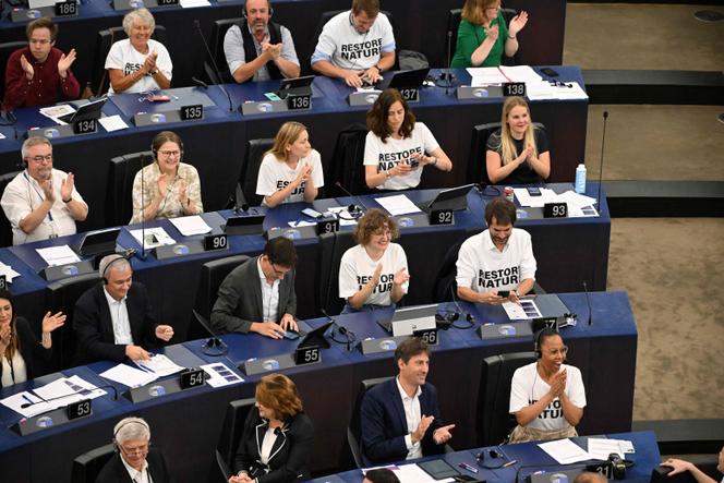 Après le vote de la loi sur la restauration de la nature, en session plénière au Parlement européen, à Strasbourg, le 12 juillet 2023.